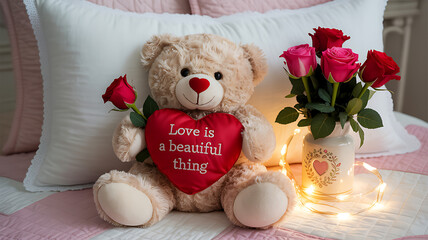 Teddy Bear with Red Roses and Candles in Cozy Romantic Valentine&rsquo;s Still Life