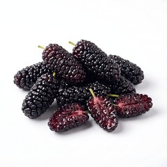 Close-up of fresh mulberries with some cut open, showcasing their juicy interior, on a white background with natural lighting.