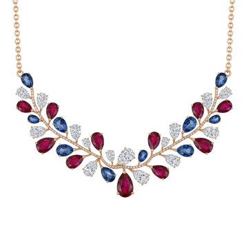 Elegant gold necklace with rubies, sapphires, and diamonds on transparent background