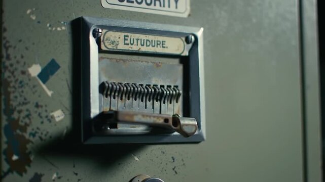 Close up of a vintage security filing cabinet with a label and lock mechanism.