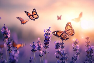A vibrant field of purple lavender flowers with butterflies fluttering around them. The sun is setting behind a hill in the distance, casting a warm glow over the scene.