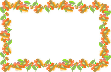 Orange flower frame border. Bright floral decorative design with green leaves on black background for elegant and festive layouts.