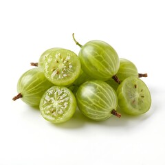 A pile of green gooseberries, some halved to show their interior, on a plain white background with soft shadows underneath.