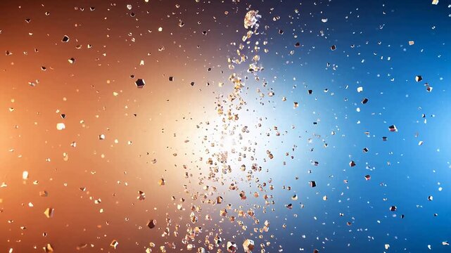 Sparkling particles exploding outward from a radiant center in a vibrant gradient background viewed from directly ahead