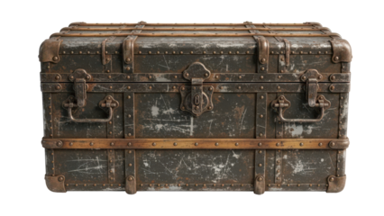 Vintage metal trunk chest used for storage and industrial decor isolated on white background