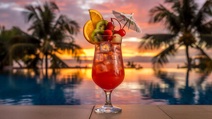 Tropical Cocktail by Pool with Palm Trees and Sunset in Summer Vibes
