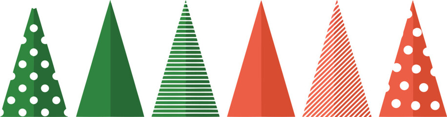 A cheerful collection of six stylized Christmas trees displays green and red patterns for festive designs