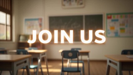 JOIN US text appearing in a blurred classroom setting - Powered by Adobe