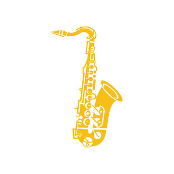 Golden saxophone illustration on a white background, musical instrument art.