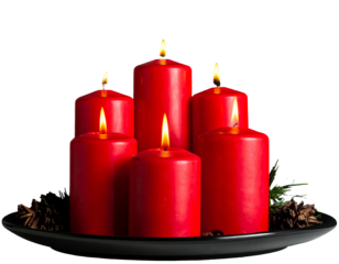 A close-up image showcases a collection of vibrant red candles, some lit with dancing flames. They sit on a dark plate, complemented by pinecones and greenery