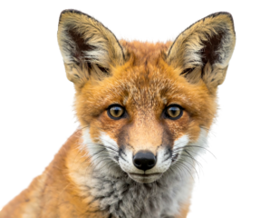 A close-up portrait of a young fox, focusing on its face. The background is a clean, transparent cutout