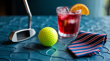Golf Ball and Club with Refreshing Cocktail in Leisure-Themed Still Life