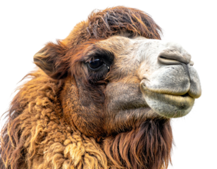 A close-up portrait of a camel, showcasing its expressive face and textured fur, isolated on a black background