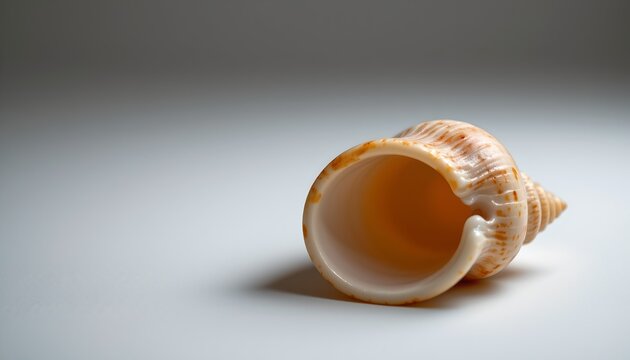 A seashell with its interior open, resting on a surface against a neutral background. The shell appears to be a small conch, showing its characteristic spiral pattern inside the chamber.