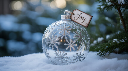 Intricate Glass Snowflake Ornament on Christmas Tree in Winter Macro Close-Up
