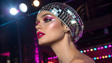 Glamorous fashion portrait featuring a woman in mirrored disco headgear and glossy pink lips. A vibrant and retro-futuristic expression of nightlife and beauty.