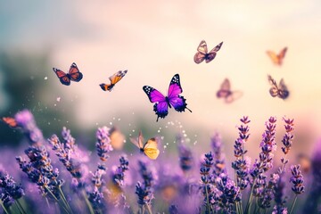 A vibrant scene of butterflies fluttering amidst a field of purple lavender, with a soft, warm light casting a gentle glow over the entire landscape.