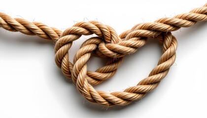 Obraz premium A rope with knots against a white background. The knots are tied in a way that forms a heart shape, symbolizing love or affection