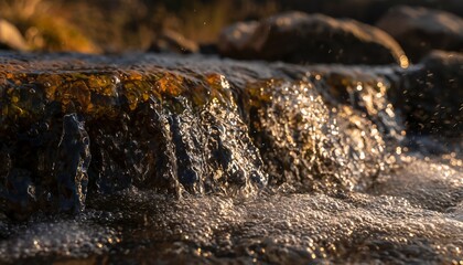 Close-up of water flowing over mossy rocks in a sunlit stream.