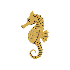 Golden seahorse illustration with detailed body and tail design on white background.