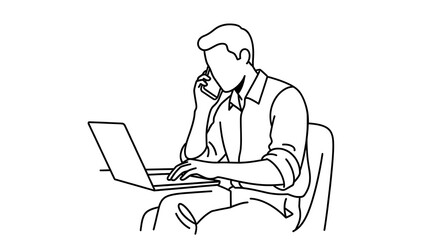 Man talking on phone while working on laptop