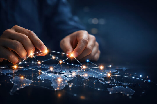Global network map with glowing connection points supply chain resilience automation highlighted by hands arranging illuminated links over digital world map conveying logistics coordination