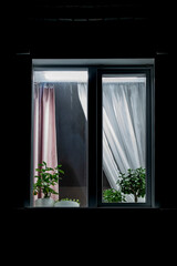 Illuminated window of the facade of an apartment building at night.