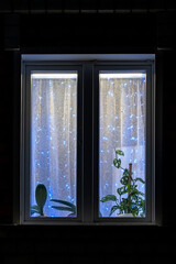Illuminated window of the facade of an apartment building at night.