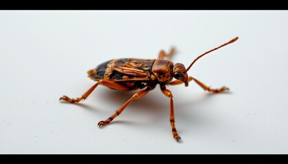 A close up of a brown and black beetle with antennae on a plain white background.