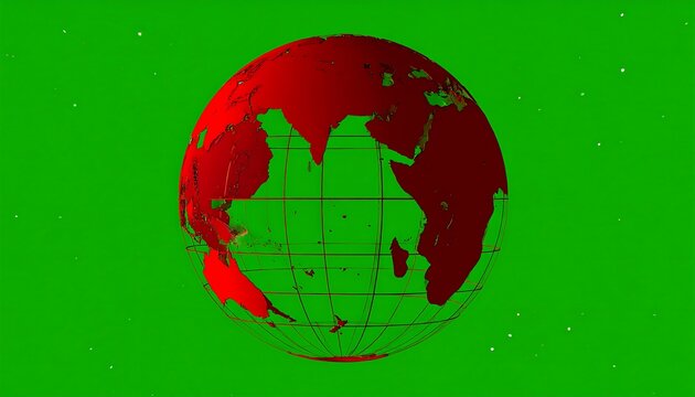 A red earth globe rotates against a vibrant green screen - Powered by Adobe