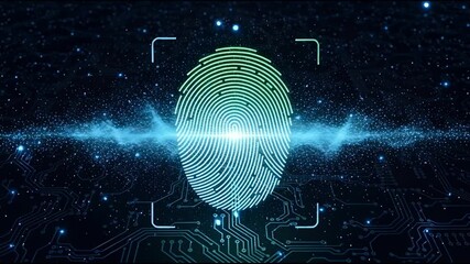 Glowing digital fingerprint on futuristic circuit board background - Powered by Adobe