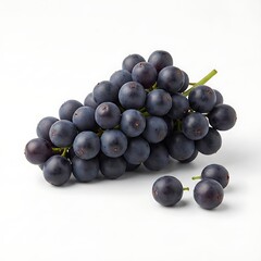 A close-up shot of a cluster of dark purple grapes with green stems on a white background, with a few loose grapes in front.