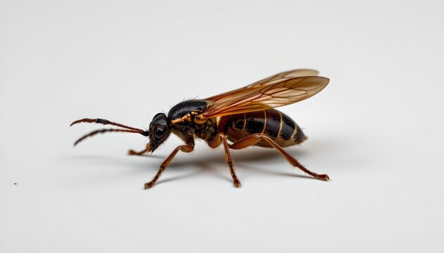 A bee like insect, appearing to be a bee, with a prominent black body and orange wingtips, standing out against a white background.
