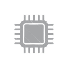Gray Computer Chip Icon with Pins on White Background.