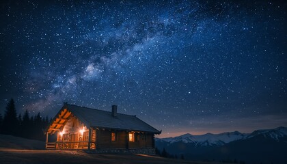Cozy Wooden Cabin Under a Starry Night Sky with Milky Way Visible.