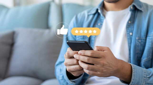 Person actively engaging with a mobile phone, providing positive feedback and a five-star rating through an online review system, highlighting digital customer satisfaction and interaction