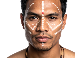 A close-up portrait of a dark-skinned person with tribal-style face paint, adorned with beads, looking directly at the viewer