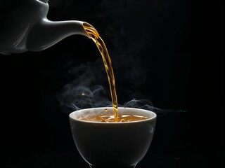 Hot coffee being poured into cup on dark background, steam rising, moody cafe beverage concept.