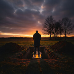 A lone figure stands at an open grave, silhouetted against a dramatic sunset sky, contemplating the profound passage of life and the journey's end