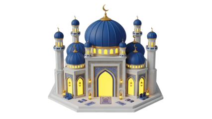 Ornate blue mosque with golden accents