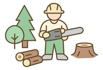 Forestry Worker Cutting Trees With Chainsaw In Sustainable Forest Management Concept For Lumber Industry, Environmental Conservation, Logging Safety, Wood Production And Natural Resource Work