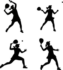 Four dynamic black silhouette vector illustrations capture a female tennis player striking the ball in various energetic action poses, isolated on a clean white background.