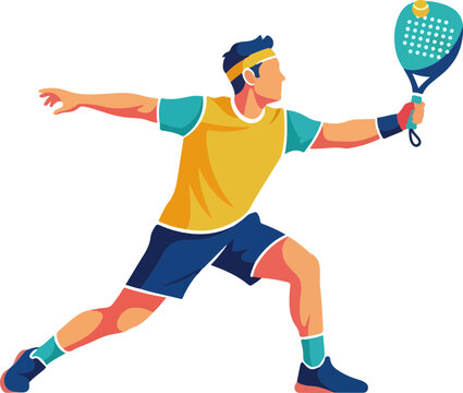 An energetic male padel player in a vibrant yellow and blue uniform is captured mid-action, hitting a powerful forehand shot in this dynamic flat vector illustration isolated on white.