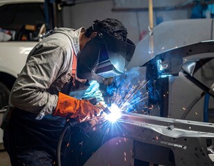 A mechanic welding car parts inside a workshop