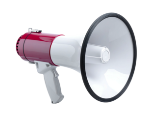 A close-up, isolated image of a megaphone with a red and white color scheme, set against a black backdrop
