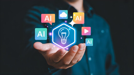 Fototapeta premium Abstract glowing hexagon with AI icons and a lightbulb representing Artificial Intelligence and innovation held in a person's hand