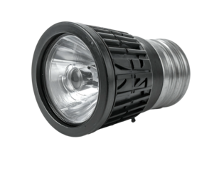 A close-up, isolated image showcases a cylindrical lighting fixture, black and silver components, emitting bright light
