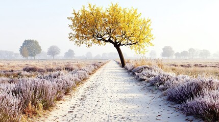 A solitary tree with bright yellow foliage stands beside a frosty path through a heathland