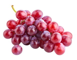 A close-up shot of a bunch of ripe, red grapes. The grapes are glistening with a smooth texture and are ready to eat