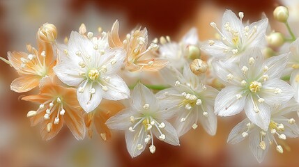 Close up of delicate white and pale orange five petaled small blossoms with prominent stamens